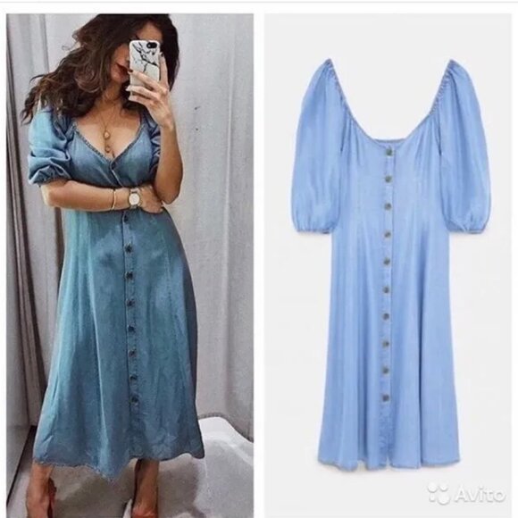 Zara Premium Denim Chambray Off Shoulder Midi Button Down Dress Blue Medium - Picture 7 of 13